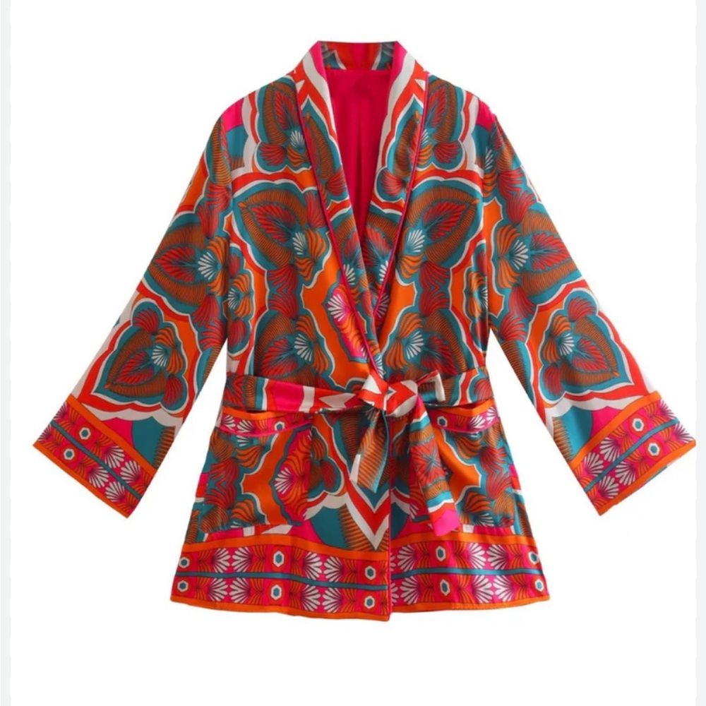 Zara Belted Printed Pink Turquoise Leaves Kimono Jacket Size: S